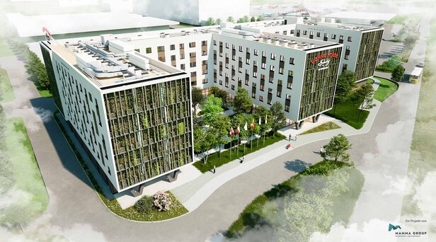 Rendering Gebäude Flughafen Hotel Schwechat mit begrünter Fassade
