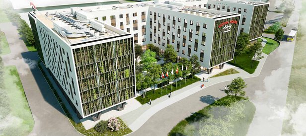Rendering Gebäude Flughafen Hotel Schwechat mit begrünter Fassade