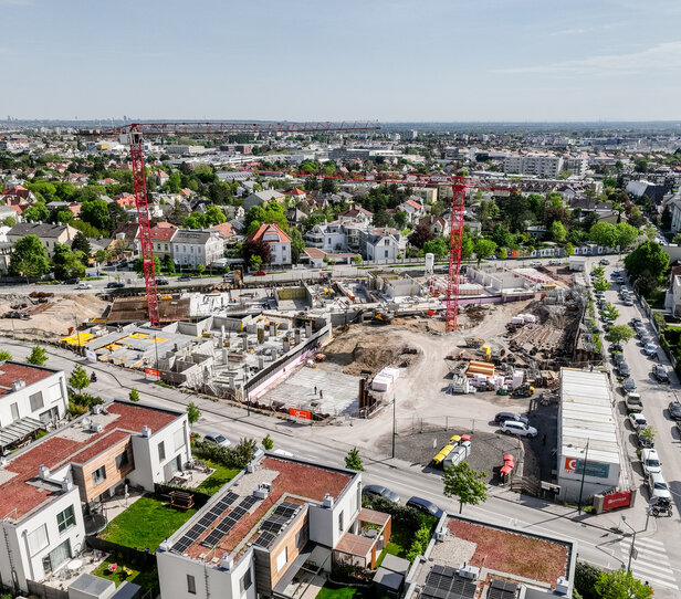 Leyrer + Graf Bauvorhaben Wohnhausanlage Grutschgasse, Mödling in der Bauphase mit rotem Kran und grüner und städtischer Umgebung 