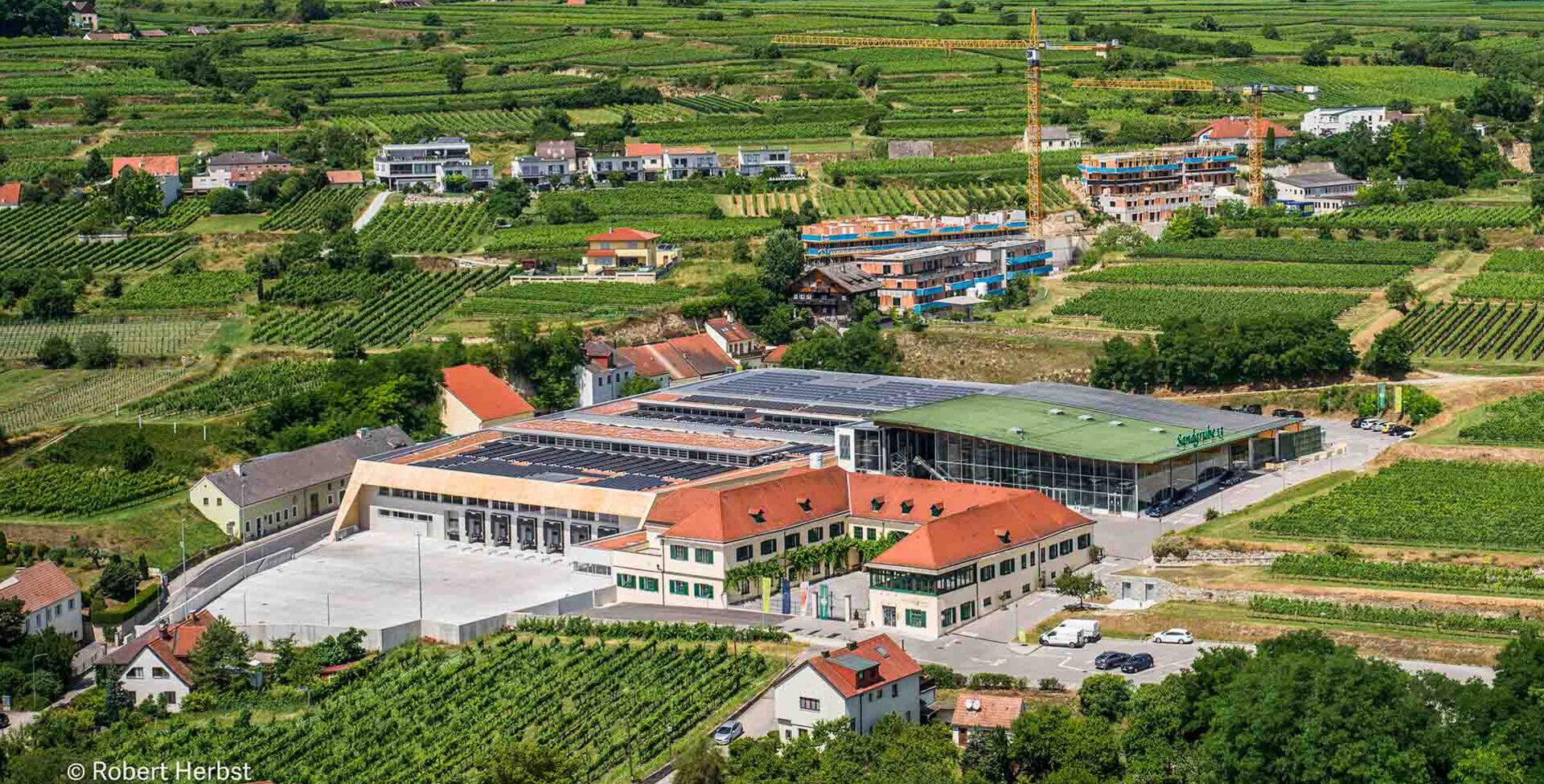 Fertiggestelltes Hochbau-Projekt von Leyrer + Graf in der Weinregion Krems. Bauvorhaben ist von einer grünen Landschaft umgeben - Winzer Krems