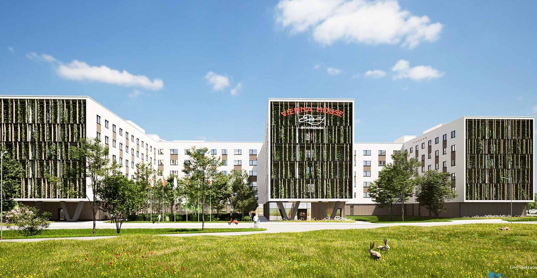 Rendering Gebäude Flughafen Hotel Schwechat mit begrünter Fassade