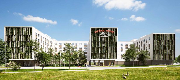Rendering Gebäude Flughafen Hotel Schwechat mit begrünter Fassade