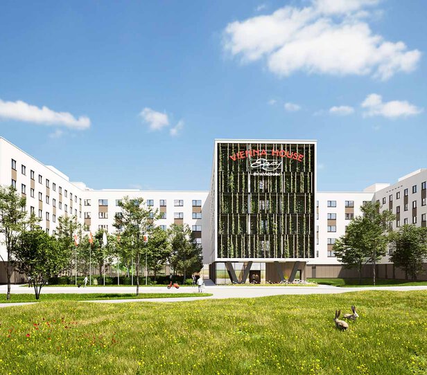 Rendering Gebäude Flughafen Hotel Schwechat mit begrünter Fassade
