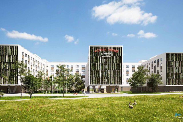 Rendering Gebäude Flughafen Hotel Schwechat mit begrünter Fassade