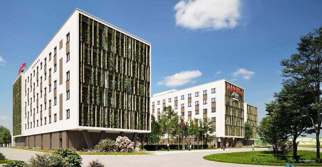 Rendering Gebäude Flughafen Hotel Schwechat mit begrünter Fassade