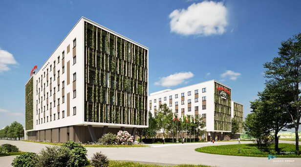 Rendering Gebäude Flughafen Hotel Schwechat mit begrünter Fassade